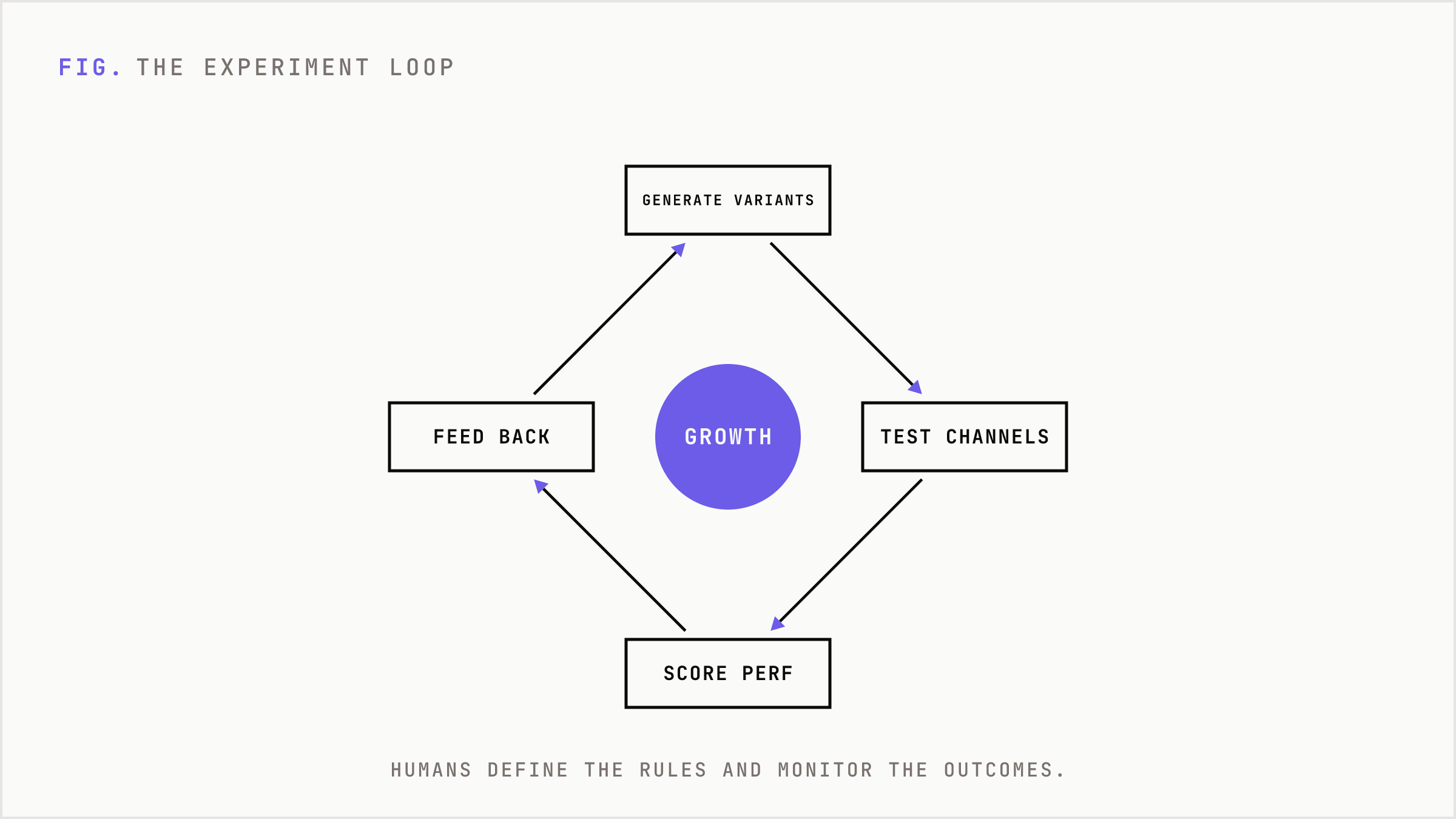 The experiment loop generates variants, tests, scores, and feeds results back to improve growth.