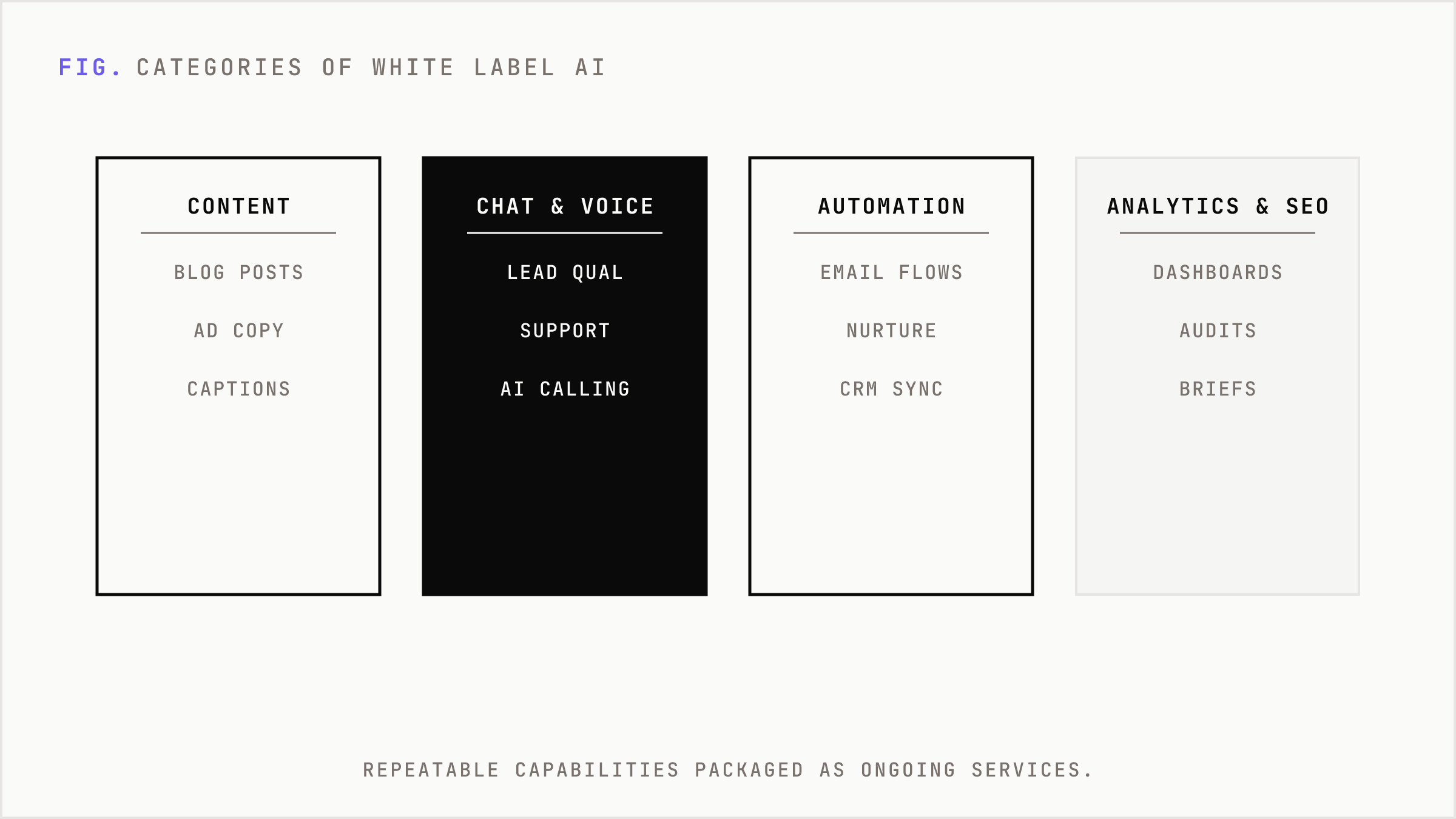 The main categories of white-label AI services agencies resell.