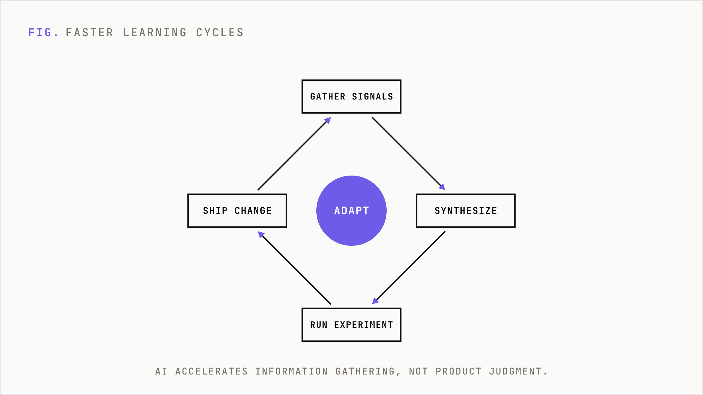 A loop showing AI accelerating the learn and adapt cycle.